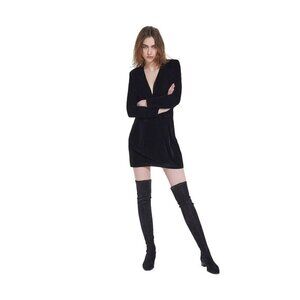 Kooples Short Black Velvet Dress Slim Fit V-Neck Long Sleeves Pleated Waist